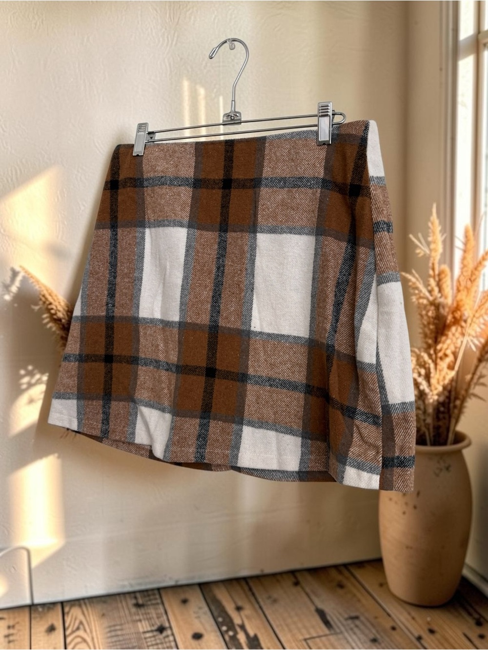 Plaid A-Line Mini Skirt in Brown and Cream - Picture 2 of 6